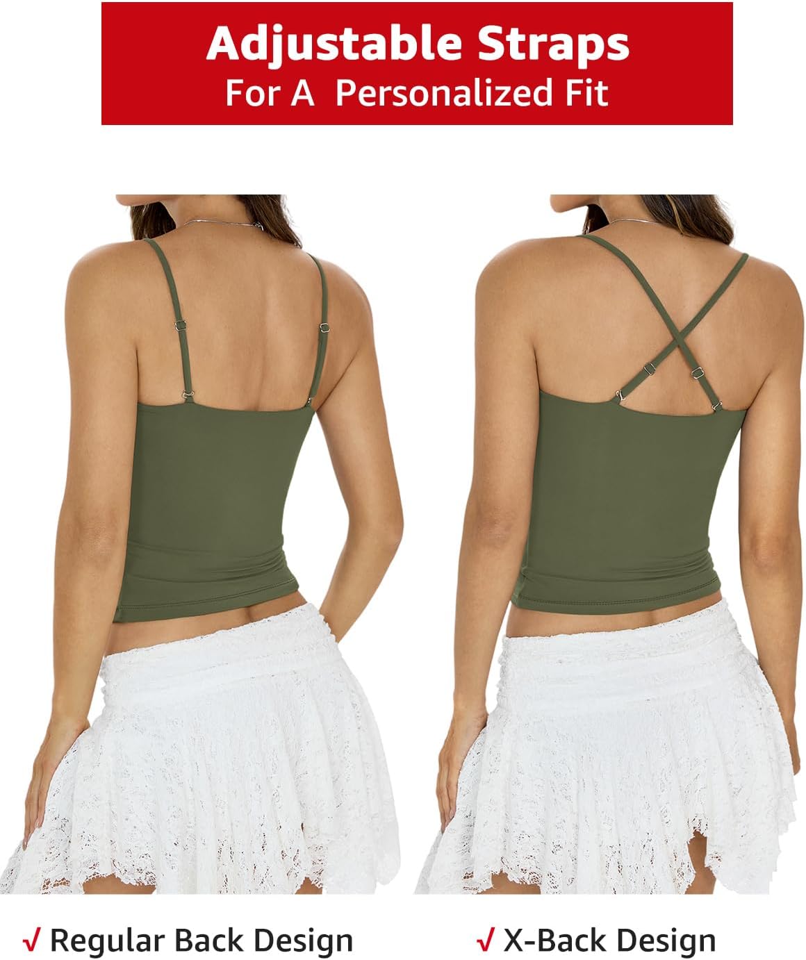 Womens Padded Double Lined Crop Tank Tops Square Neck Built in Bra Tops Adjustable Spaghetti Strap Cami Shirts - Image 4