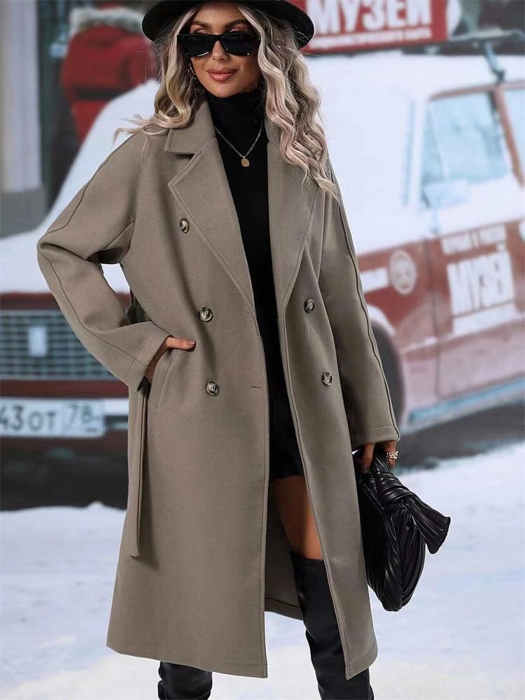 Gabardina larga de lana cálida para mujer, con cuello de solapa, para invierno, doble botonadura, color liso, con cinturón, ropa de abrigo, chaqueta de otoño/invierno, gabardina para mujer