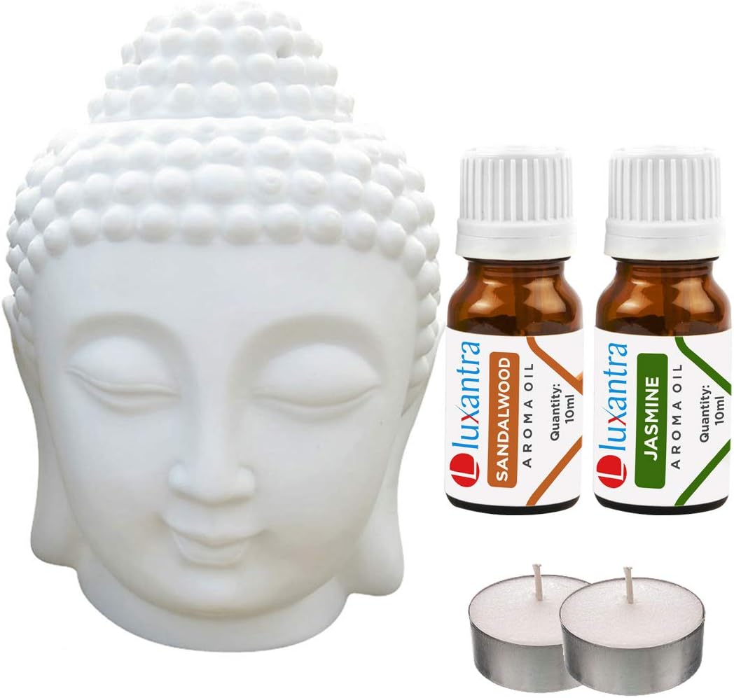 Luxantra White Ceramic Buddha Head Aroma Diffuser Air Freshener for Home Office Oil Burner Lamp Night with Sandalwood 10ml
