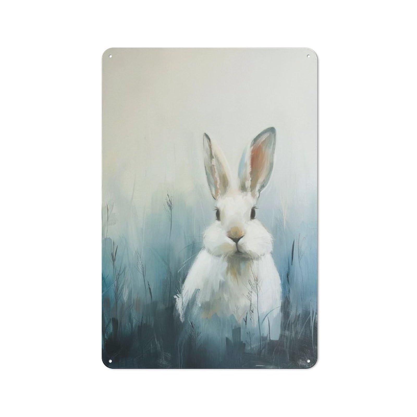 Retro White Rabbit in Blue Field Painting Metal Wall Plaque 30x20cm, Nostalgic Wall Art for Living Room, Hallway, Kitchen Or Cafe