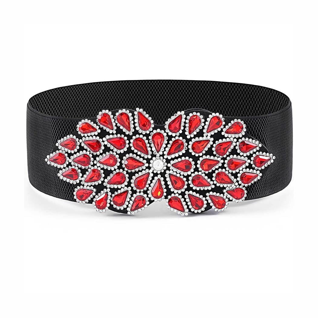 Bohend flor de cristal Cinturón elástico Ancho cinturón elástico Diamante de imitación Cinturones de cincha para vestido Antiguo Cinturón para mujeres y damas (L, B)