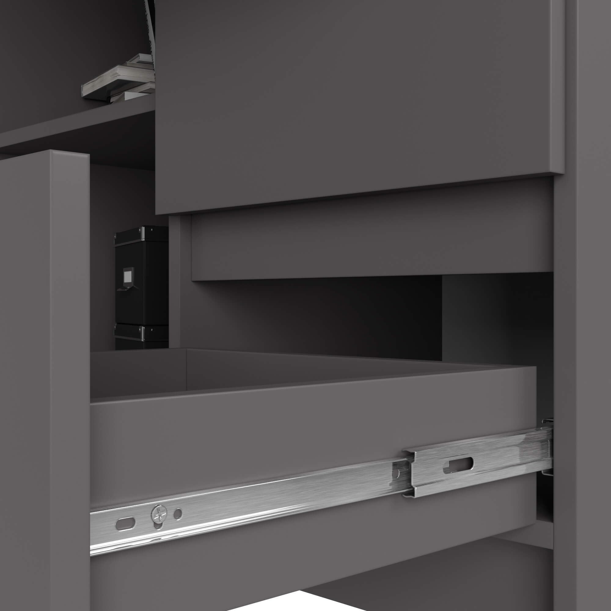 AKORD Bureau d'angle | Table avec Meuble de Rangement intégré et modulable avec 3 tiroirs et 2 étagères | L124 x H77 x P85 | Fourniture Bureau | Gris Graphite