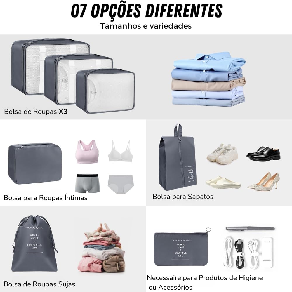 Kit Organizador de Malas para Viagem 7 Peças Conjunto Organizador Completo Bolsas Necessaire Sapatos Maquiagem Roupas Bagagem Organizada (Rosa)