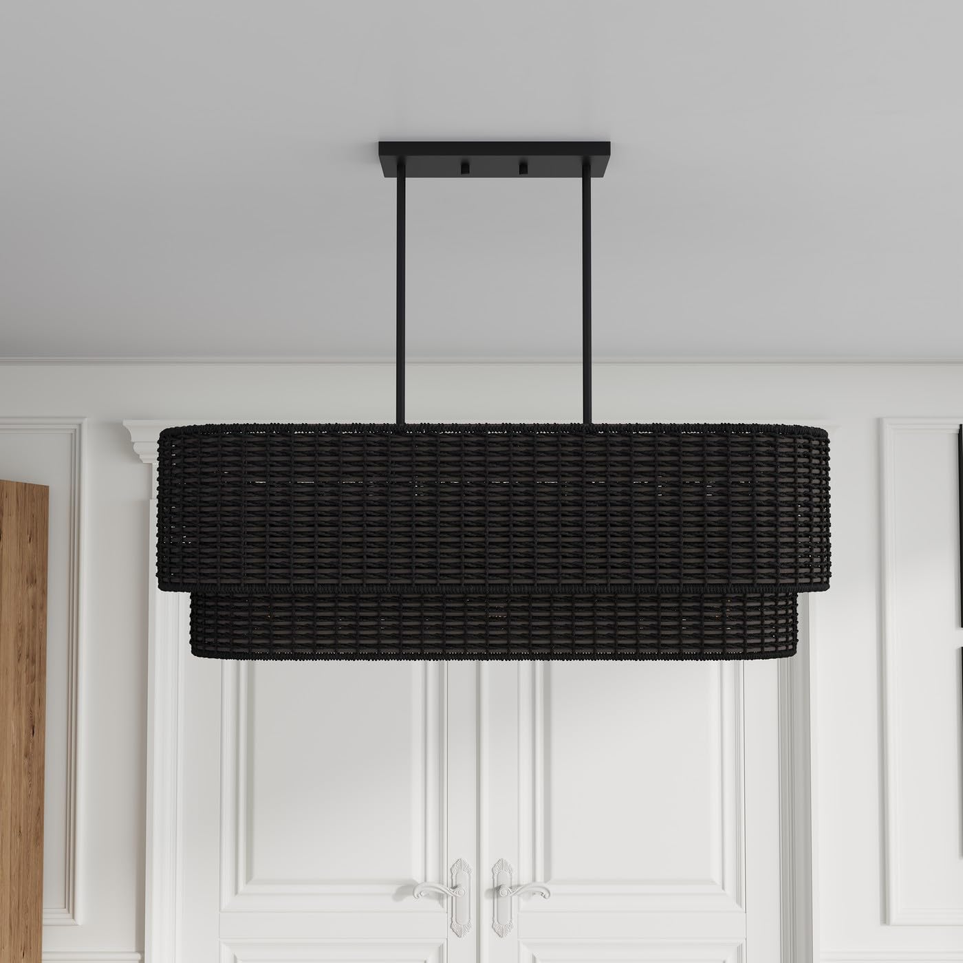 Aiwen 3-Light Rattan Chandeliers, 35.03 inch Farmhouse Black Chandelier with Rattan Lampshade, Boho Chandelier Hand-Woven Rattan Pendant Light Fixture for Kitchen Island Dining Room