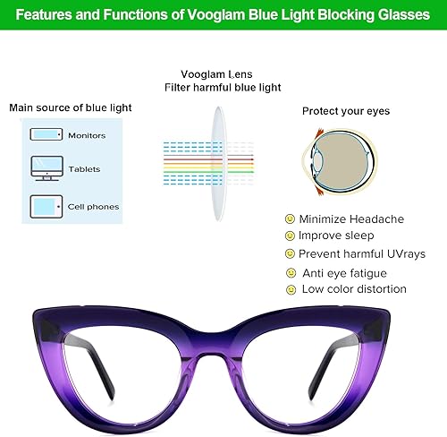 Miniatura 5 de VOOGLAM Elegantes gafas de bloqueo de luz azul ojo de gato para mujer, antifatiga ocular, ojos secos, gafas pastora