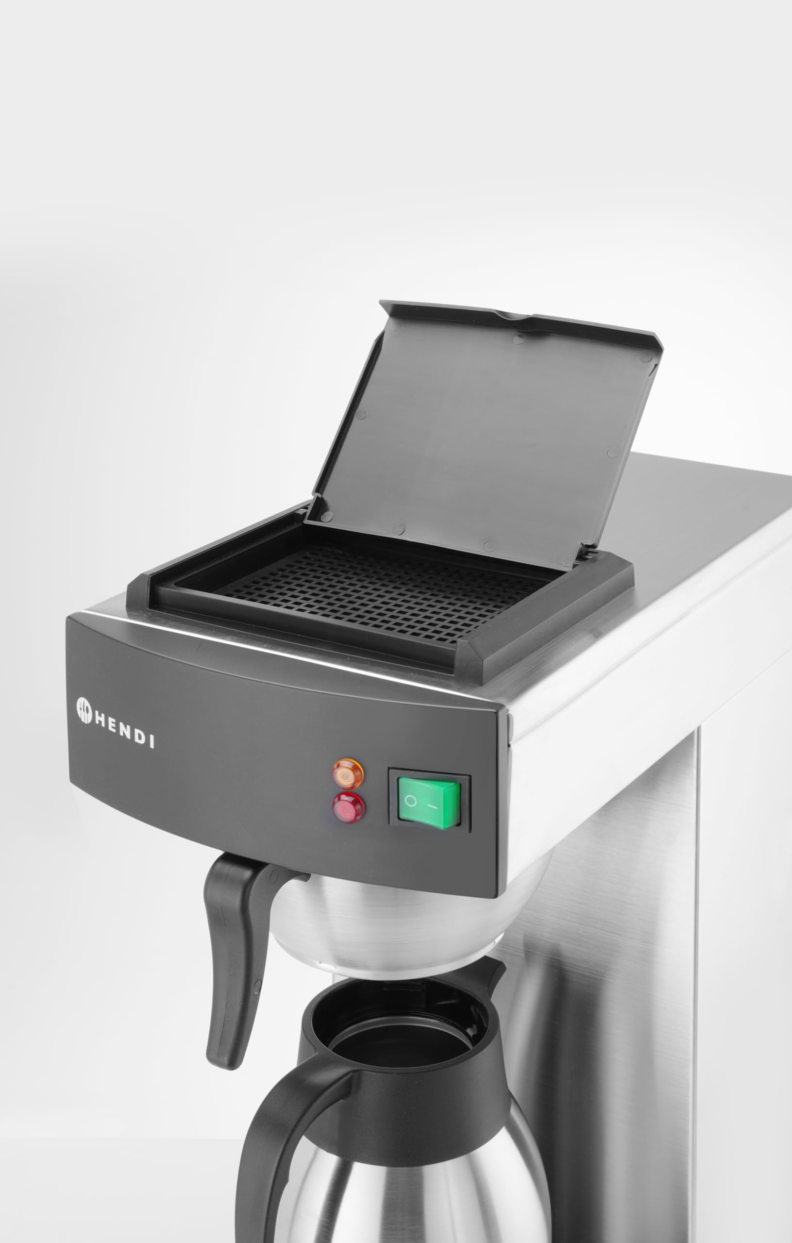 HENDI Cafetera de goteo, eléctrica, para café molido de filtro, incluye 100 filtros de papel y 1 jarra térmica de 2L, cafetera de filtro, 230V, 1400W, 215x410x(H)520mm, acero inoxidable