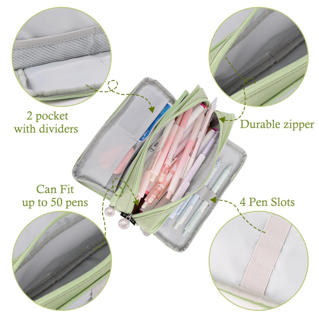 Oyachic 3 Compartment Pencil Case Large Capacity Pen Pouch Oxford Storage Bag Cosmetic Makeup Case for Men Women Adults Travel Business Office (Green) - Image 2