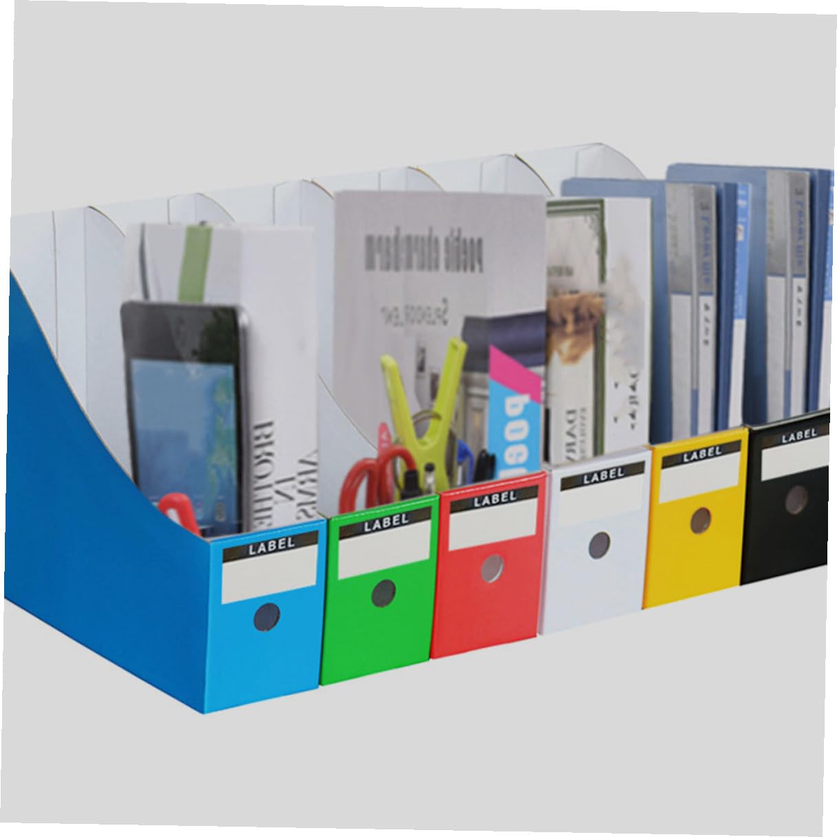 Set 6 Pezzi Scaffali per Archiviazione File Colorati in Carta Pp, Portadocumenti da Scrivania Etichette Adesive, Organizzatori Desktop per Libri, Riviste e Documenti Ufficio