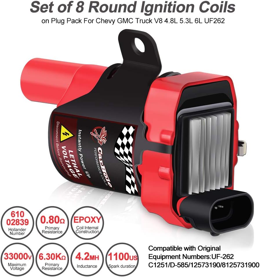 High Performance 8Pcs D585 UF262 Ignition Coils Pack Round Type + 8Pcs 8mm Spark Plug Wire Set Part Number 748UU 12622553 12656210-15% More Energy