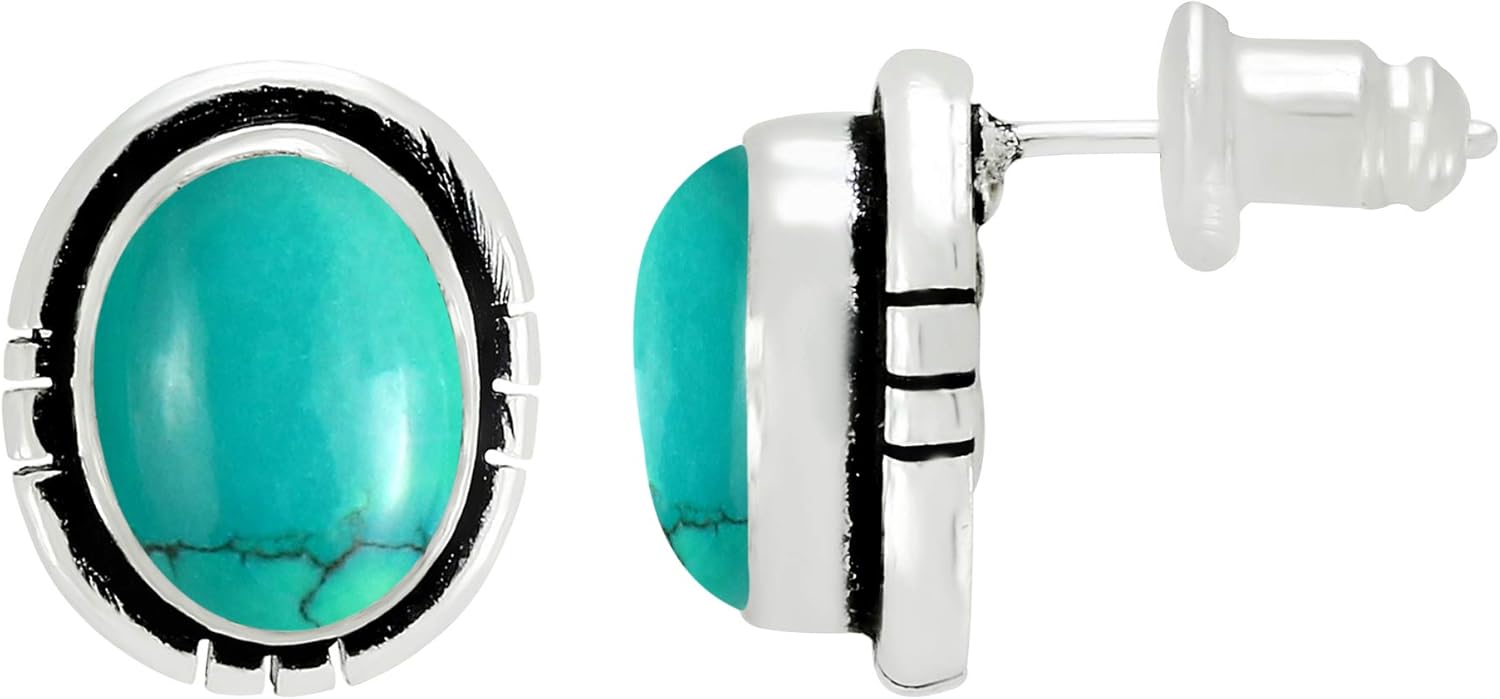 Natural Gemstone Stud Earrings: Oval Silver Plated with one pair - Image 2