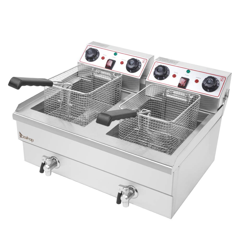 EEBABUO EH102V 24.9QT Commercial Stainless Steel Double Tank Deep Fryer 3400W with Timer & Faucet - Heavy Duty for Restaurants, Home Use (2x8L Basket, Oil Drain System)