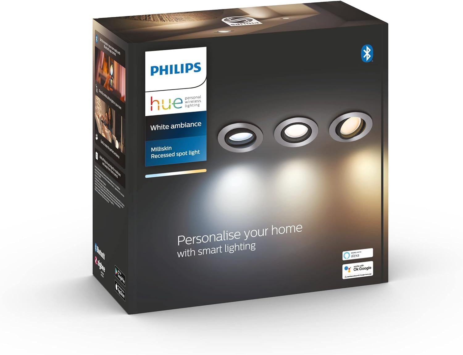 Philips Hue White Ambiance Milliskin Einbauspots 3-er Pack (1.050 lm), dimmbare Deckenlampen für das Hue Lichtsystem mit allen Weißtönen, smarte Lichtsteuerung über Sprache und App, weiß