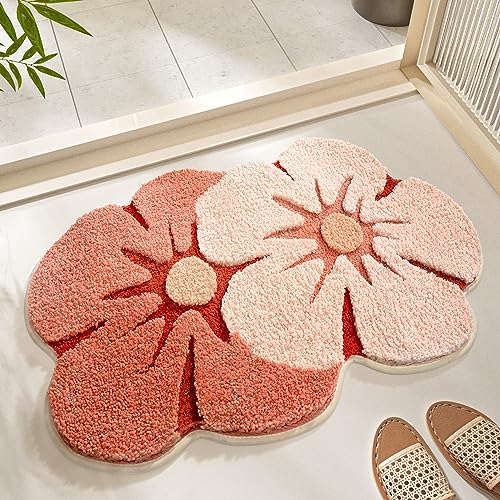 Ankah Shower Rug Bath Mat Forest Series Cartoon Design Bathroom Rug, Fluffy, Soft, Non-Slip, Durable, Absorbent Bath Rug, Irregular Plant Shaped Door Mat and Carpet, 50x80cm, Peach Blossom