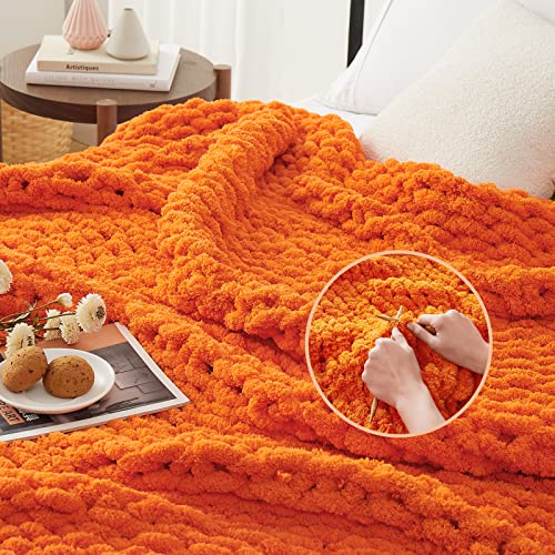 Image of L'AGRATY Chunky Knit Throw Blanket for Couch 72'' x 84'' Knit Throw, Orange