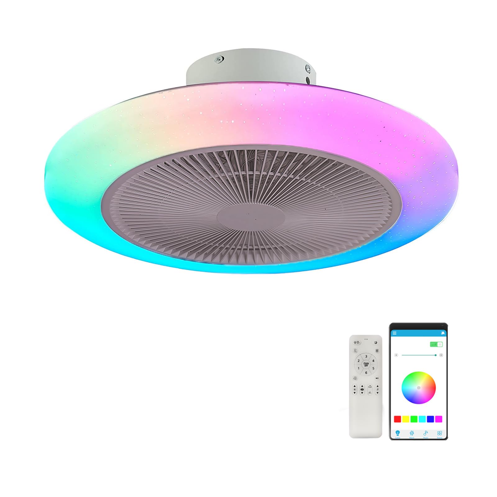 RGB Deckenventilator mit Beleuchtung und Bluetooth Lautsprecher 46cm | Fernbedienung/APP Dimmbar, LED Deckenlampe mit Ventilator Reversibel, Decken Ventilator mit Lampe Kinderzimmer Schlafzimmer