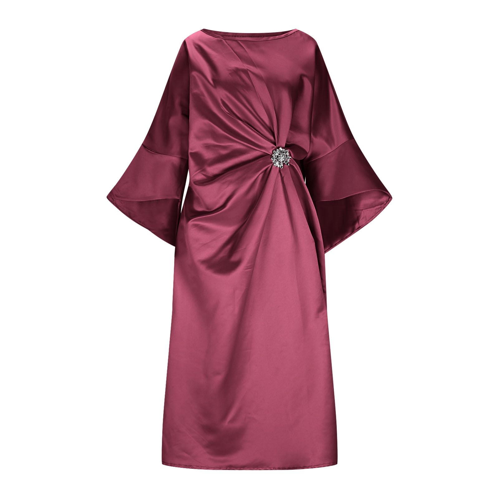 Abito midi da donna in raso a mezza manica moderno alla moda con maniche a pipistrello increspato con spilla di cristallo staccabile elegante abito casual in seta per matrimoni, cocktail, feste