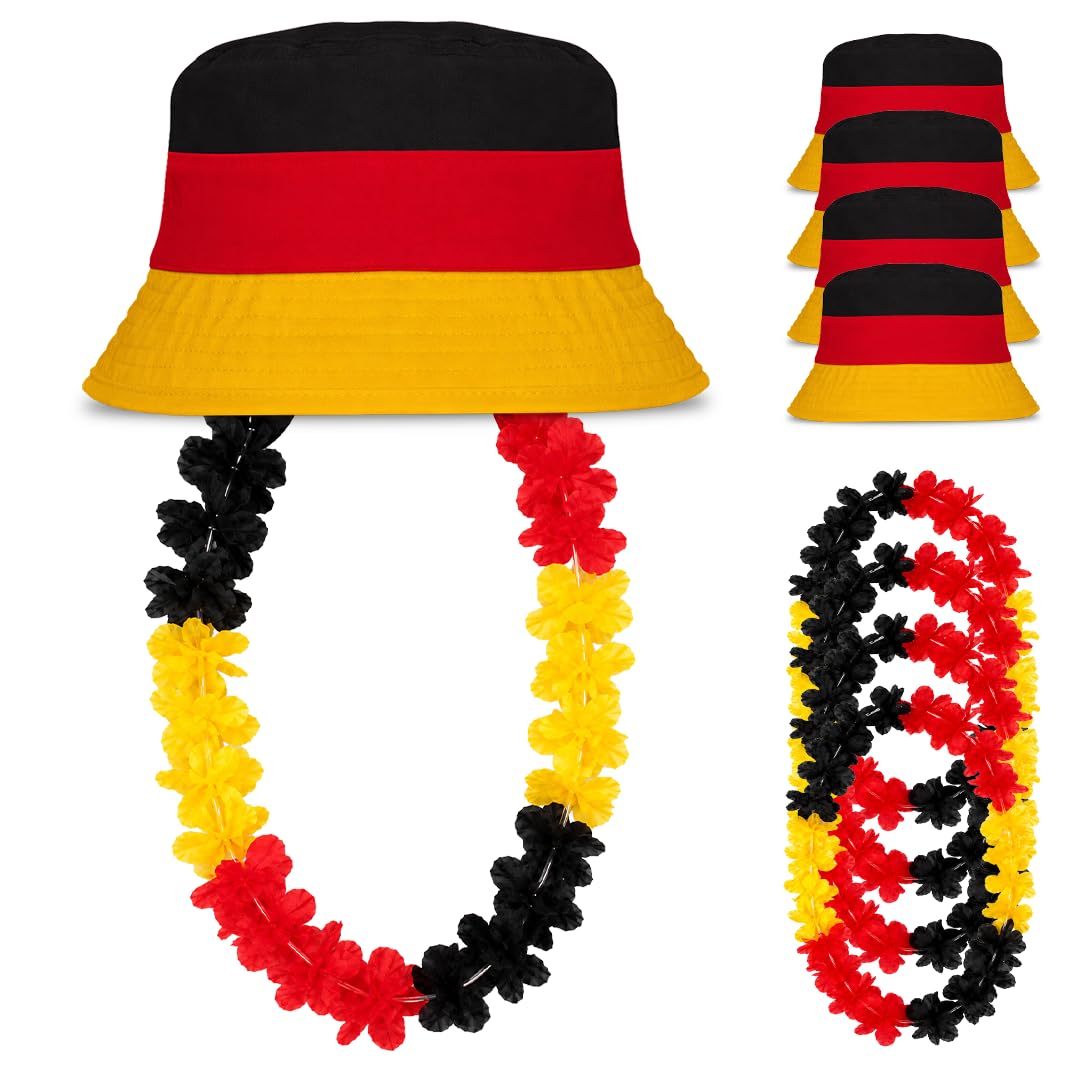 Deutschland Fischerhut Schwarz Rot Gold + Deutschland Blumenkette, Fußball Fan Hut für WM 2026 Weltmeisterschaft, Bucket Hat Herren Damen, Fanartikel, Public Viewing Sonnenhut, Anglerhut DE