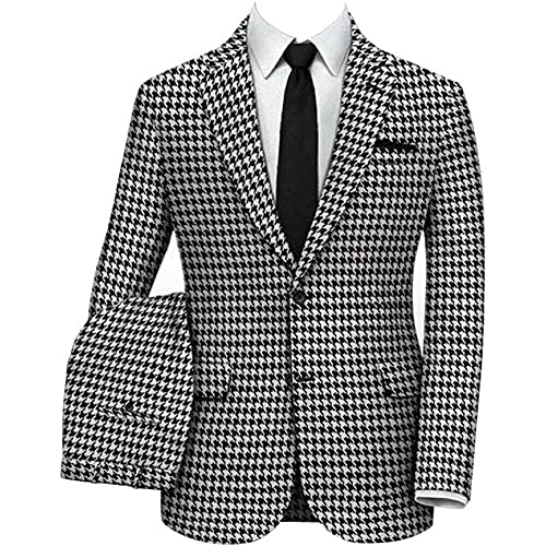 Premium Mens Slim Fit Houndstooth Plaid Dogstooth Tuxedo Prom Wedding Party Groom Jacket Suits