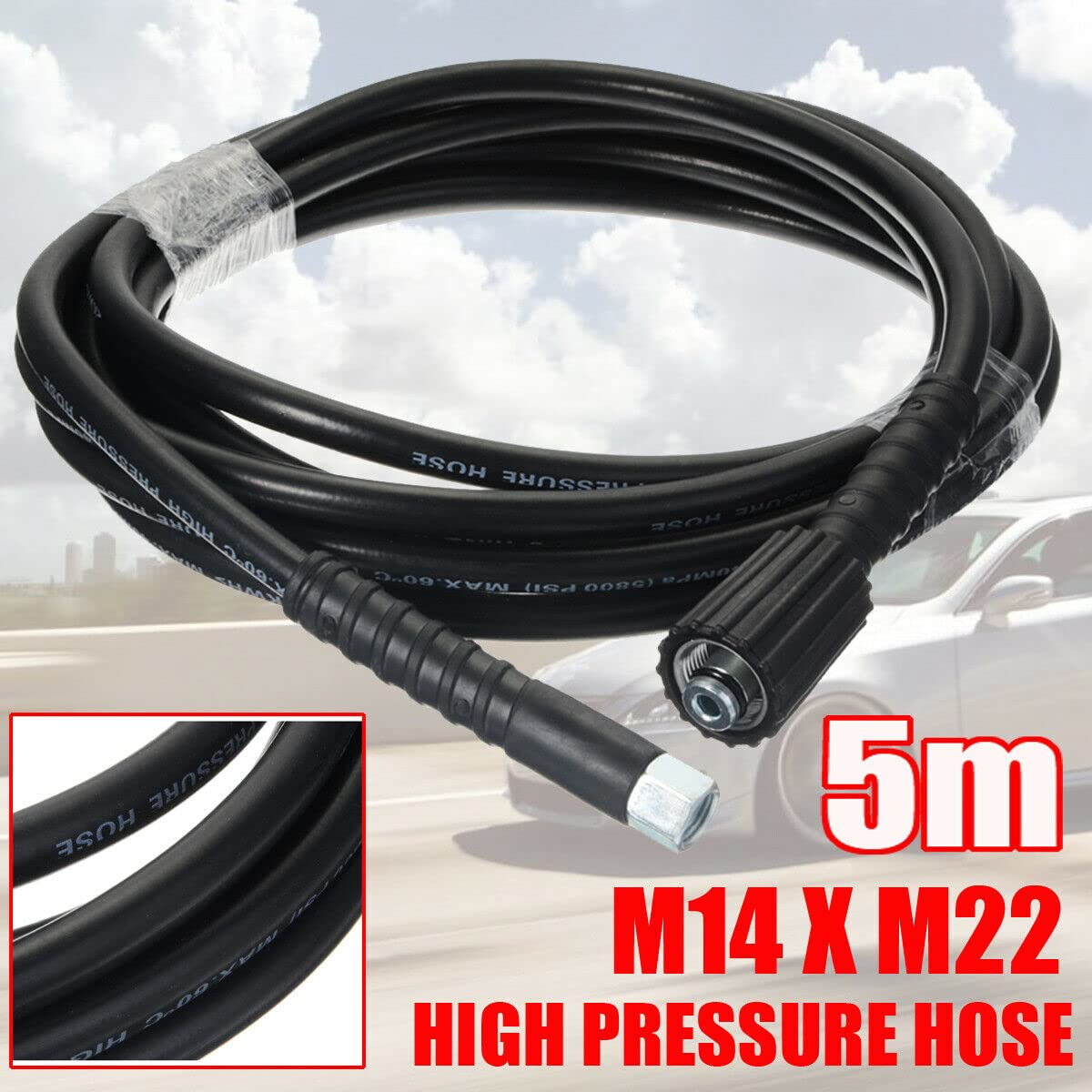 YUET Tubo di ricambio per idropulitrice ad alta pressione, 5 m, per lavaggio auto, pulizia giardino, M14 x M22 (15 mm), connettore filettato per acqua e tubo di scarico, 4,9 m