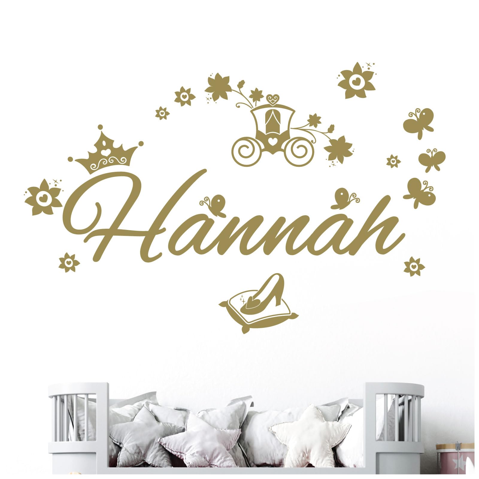 Personalised Name Girls Wall Art Sticker - Princess Fairy Tale Cinderella Story [Large] [Gold]