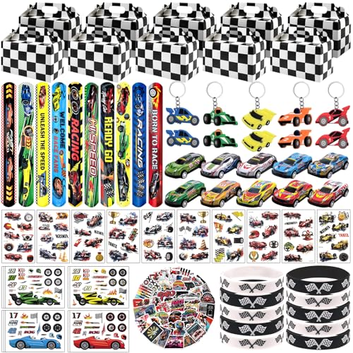 Joyvorite 120 Pcs Race Car Party Favors Set with Keychains Slap Bracelets Tattoo Stickers Wristbands Treat Boxes Treat Bags Stuffers Race Car Party Supplies Race Car Party Decorations
