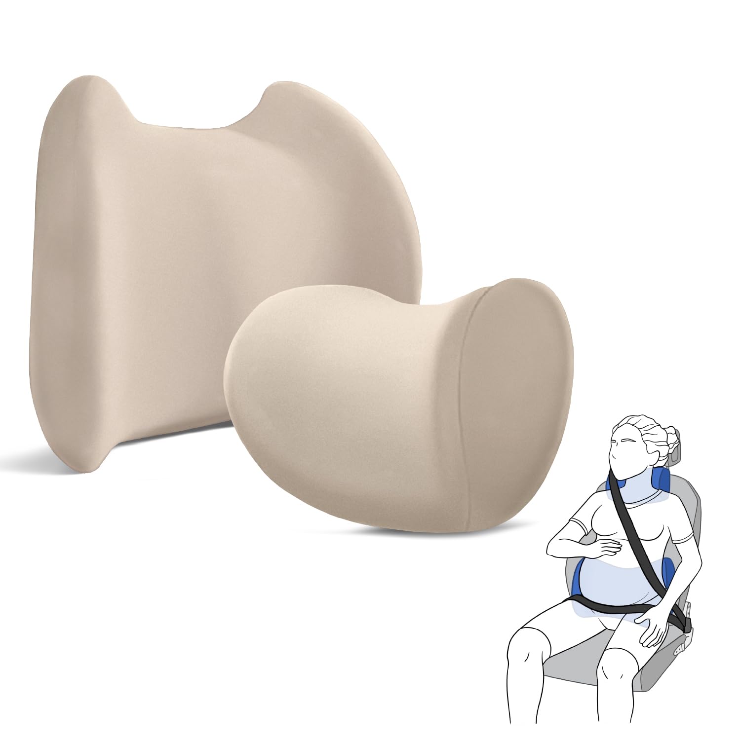 Peaceful Parenting Lumbar & Neck Support Pillow Kit - Beige - Back & Neck Support Pillow for Car & Office Chair - Memory Foam Pillow - Ergonomic Pillow for Neck & Back Pain Relief