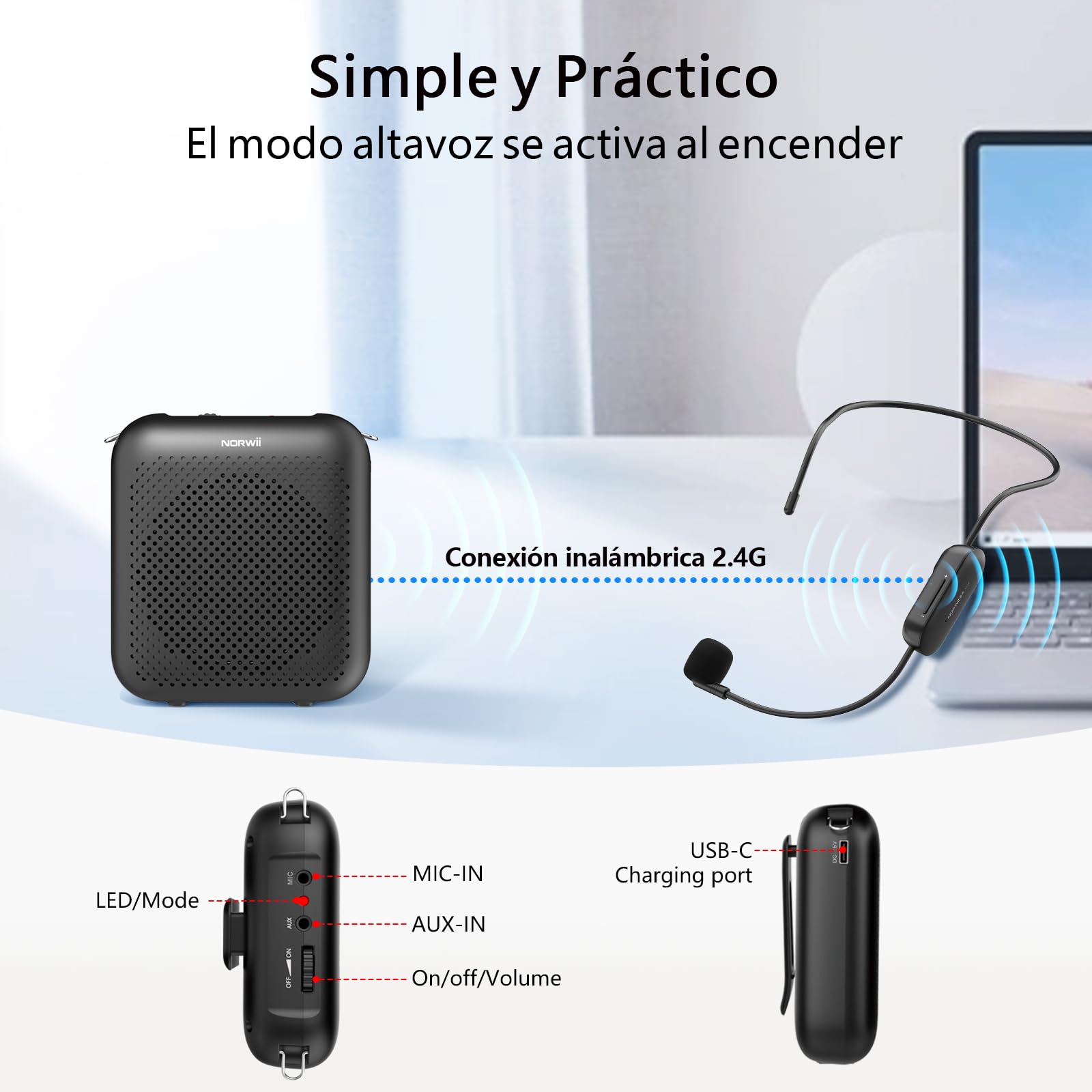 Norwii Amplificador de Voz Inalámbrico para Profesores, Minialtavoz Sistema de Megafonía Bluetooth Portátil 15W con 2 Micrófonos de Diadema, Batería Recargable 5200mAh para Clases/Guias/Conferencias