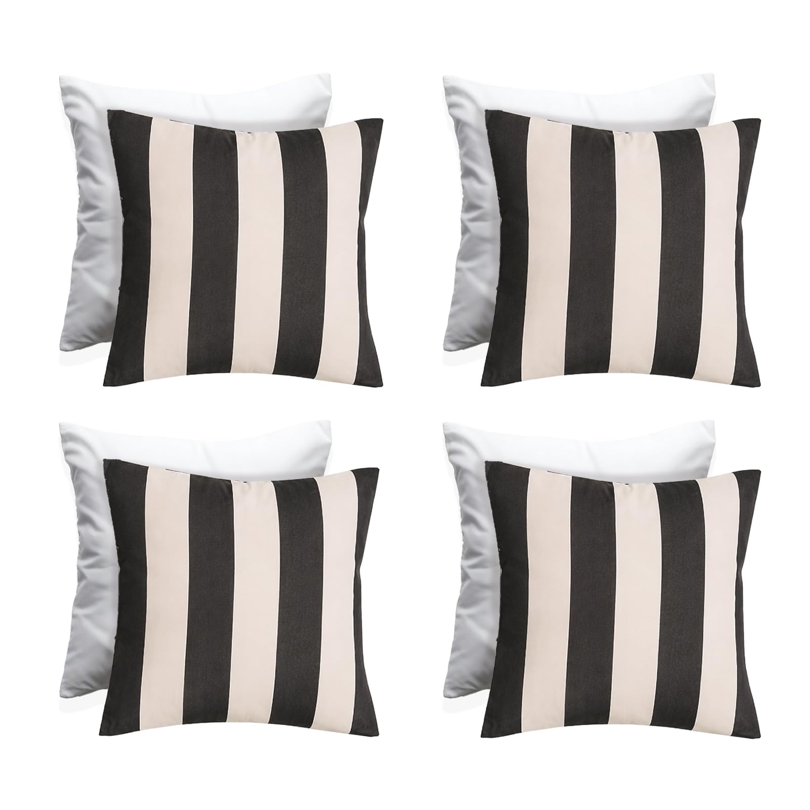 Ohs Black And Cream - Stripe Stripe Cushions With Covers Included 45 X 45Cm Set Of 4 Outdoor Cushions Waterproof Soft Decorative Patio Garden Cushion Home Decor Outdoor Bench Cushion With Invisible Zipper, Monochrome