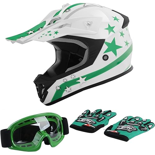 TCT-MOTORPARTS DOT Youth Kids Helmets Motocross ATV Helmets Offroad Street Dirt Bike Go-Kart BMX MX Full Face Helmet White w/Green Star Medium Size