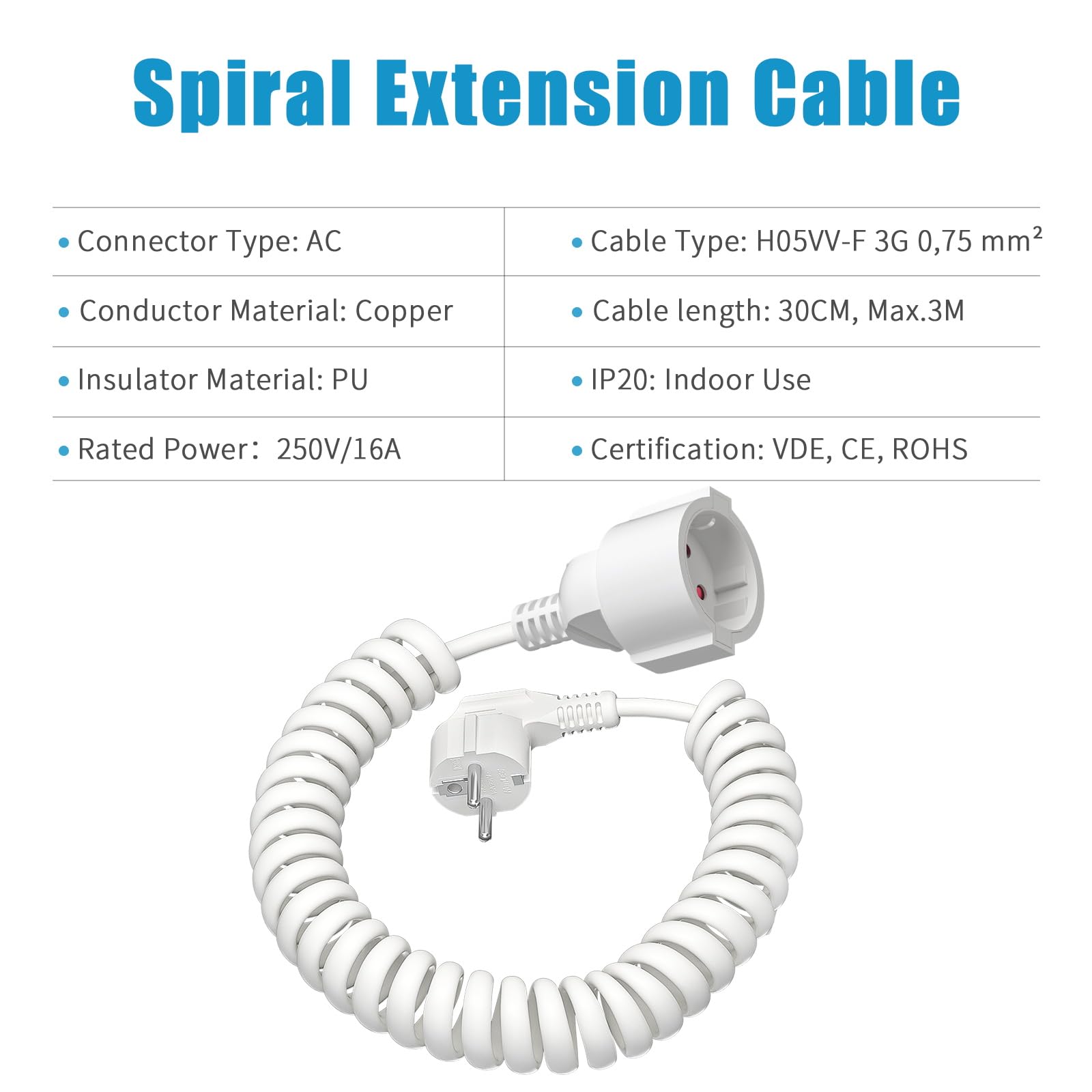 Cavo di prolunga da 20 m, contatto di protezione Schuko, cavo a spirale, estensibile fino a 20 m, IP20 (230 V/16 A), cavo a spirale 3 x 1,0 mm² con spina Schuko e giunto, bianco