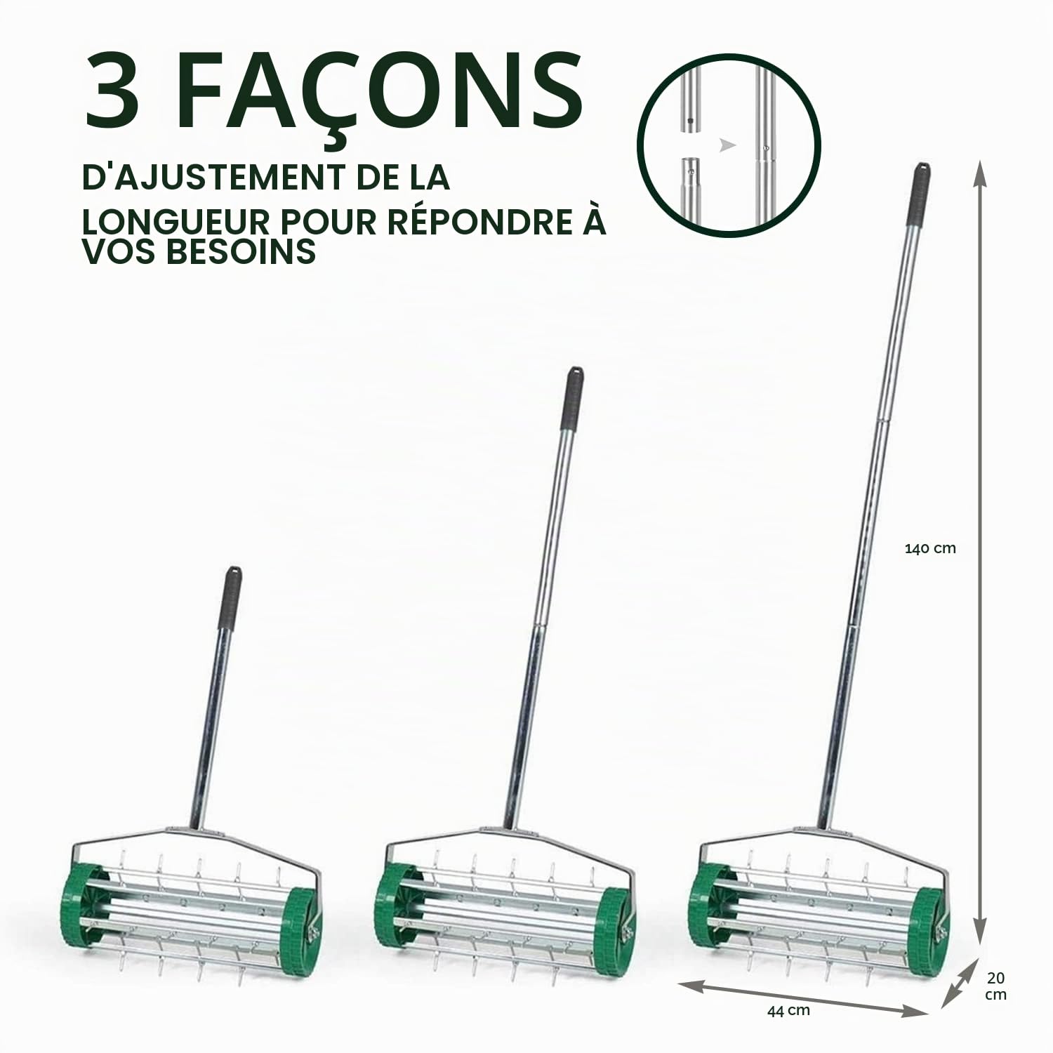 Crystals Rouleau aérateur de pelouse – Aérateur de jardin à pointes métalliques robustes – Outil d'aérateur de pelouse roulant avec poignée réglable – Outil manuel d'aération du sol de jardin avec
