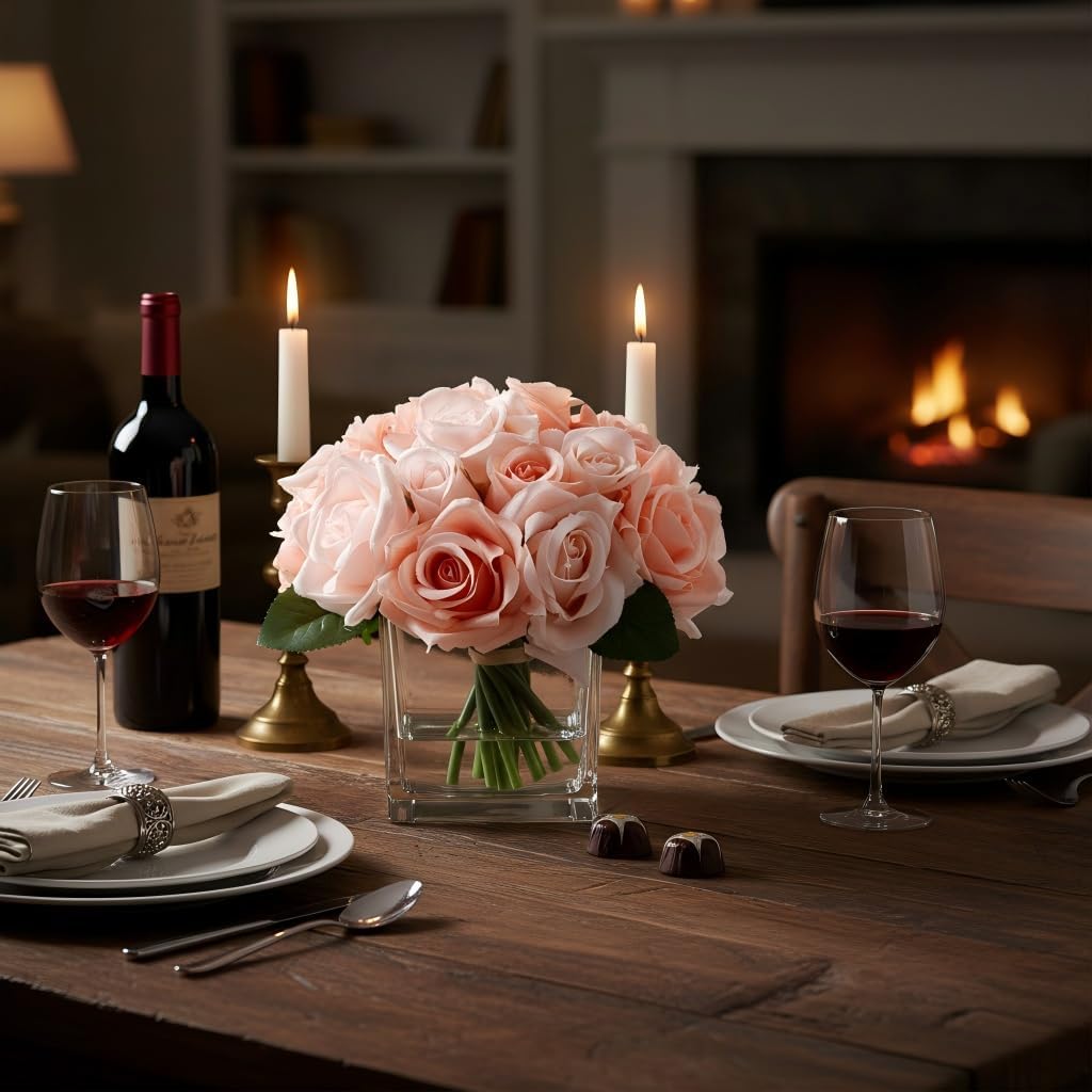 18 Heads Rose Faux Flowers in Vase, Aritificail Rose Floral Arrangement with Vase for Dining Table, Bedroom, Wedding Decor (Champagne) - Image 8