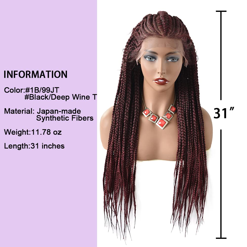 Box Braided Hand Tied 13" x6 1/2" Swiss Lace Front Women Wigs Baby Hair Quality Synthetic Shoulder Length Lightweight Braids (31", 1B/99JT# Black Mix Wine Red)