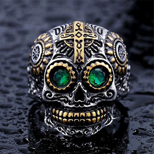 INRENG Men's Stainless Steel Silver Gold Gothic Cross Skull Ring Green Eye Vintage Flower Carved Halloween Size 10 - Thumbnail 2