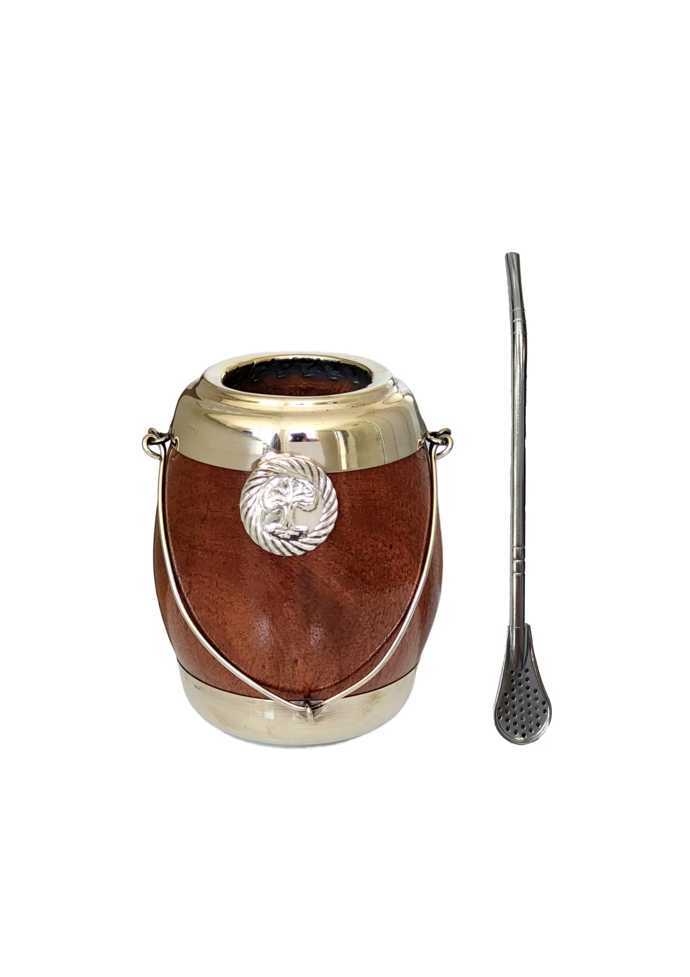Taza Mate Madera Caldén Argentino, Mate Hecho de Madera de Caldén con Rebubrimiento de Alpaca (Plata Alemana), Diseño Árbol de la Vida.
