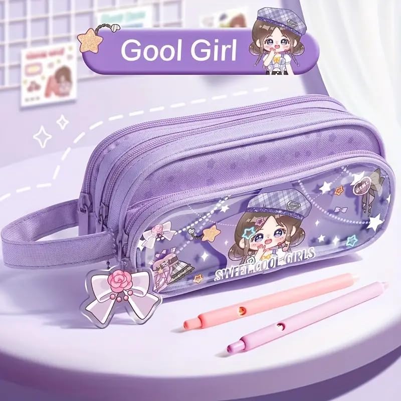 Image of Invite Canvas Large Capacity Transparent Cartoon Print Pencil Case 3 Compartment Cute Aesthetic Pencil Case for Girls Multifunctional Stationery Organizer for School Office (Sweet Cool Girl)