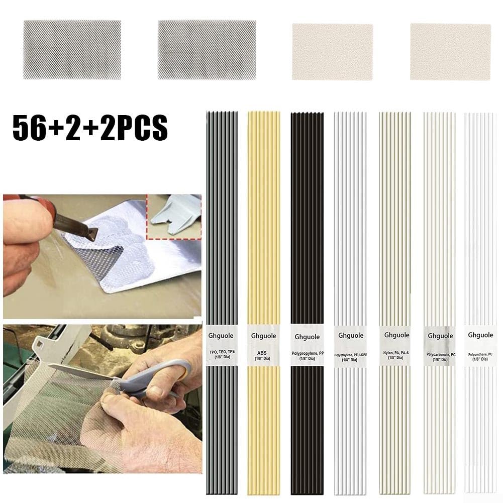 Set di 60 aste di saldatura in plastica per riparare paraurti, kayak, barche e altro ancora, include 7 tipi di canne, rete in acciaio inossidabile e carta vetrata