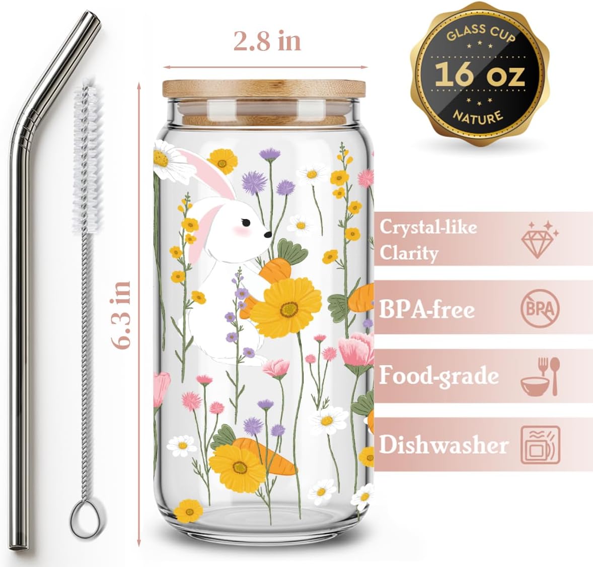 Cute Daisy Drinking Glass Cups with Lid and Straw Gifts for Women Daughter Niece Friends,Yellow Wildflower Ice Coffee Glass Cup Gifts for Birthday Christmas,Coffee Lover Gift for Her-154 - Image 2