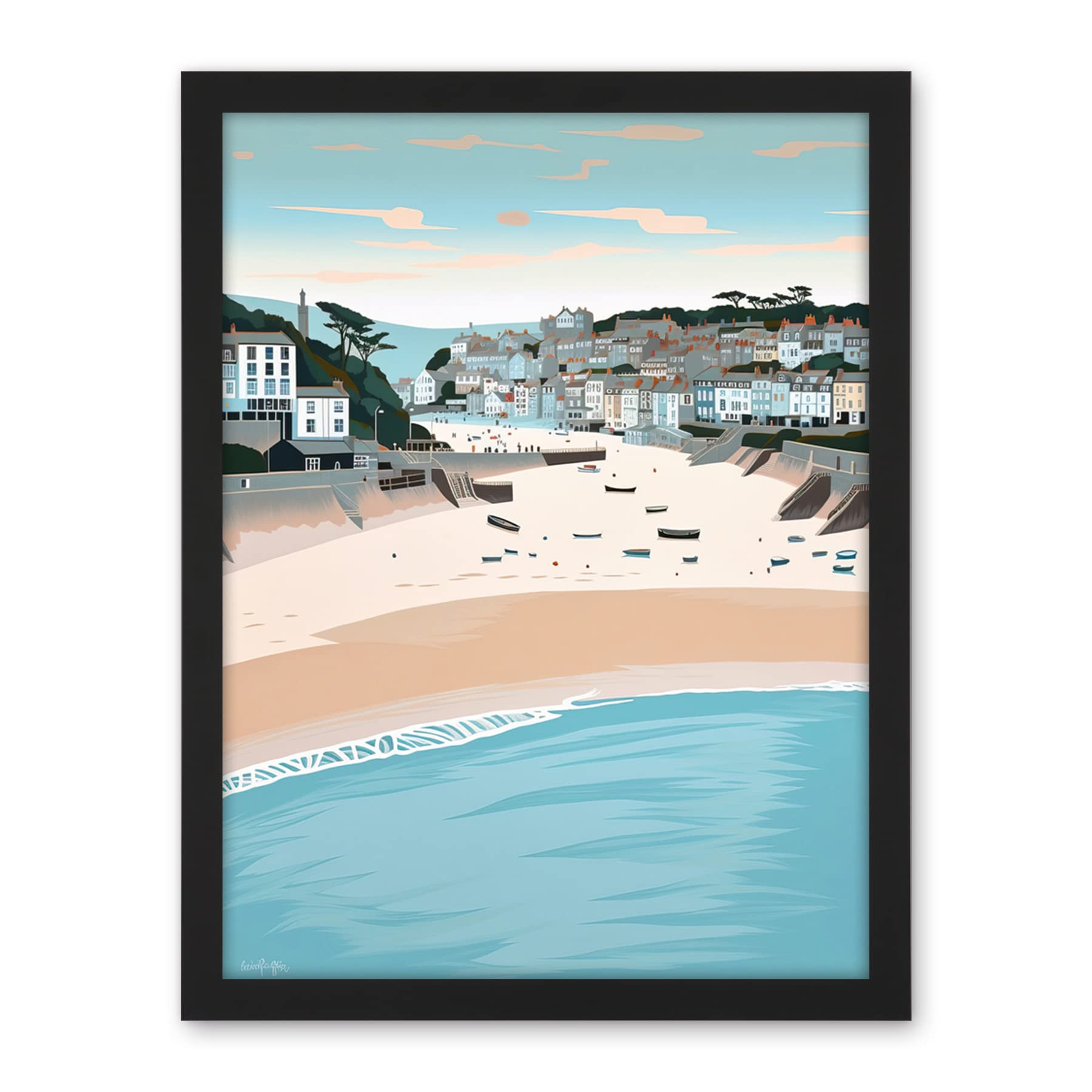 Artery8 St Ives Bay Summer Pastel Colour Coastal Cityscape Artwork Framed Wall Art Print 18X24 Inch