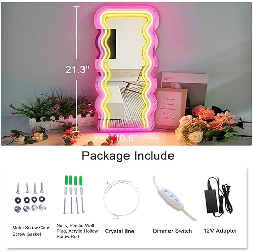 Miniatura 2 de jXIN Letreros de neón de espejo ondulado para decoración de pared, espejos decorativos irregulares montados en la pared con luces de neón regulables