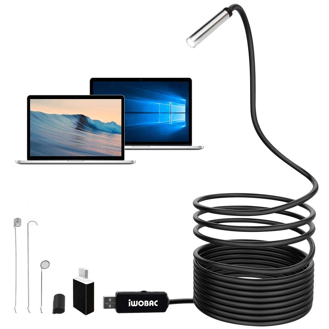 IWOBAC Semi-Rigid USB Endoscope, 2.0 Megapixels HD 8.5mm Waterproof Borescope Inspection Camera with 6 Adjustable LED Lights for Windows PC MacBook Laptop (5m/16.4ft)
