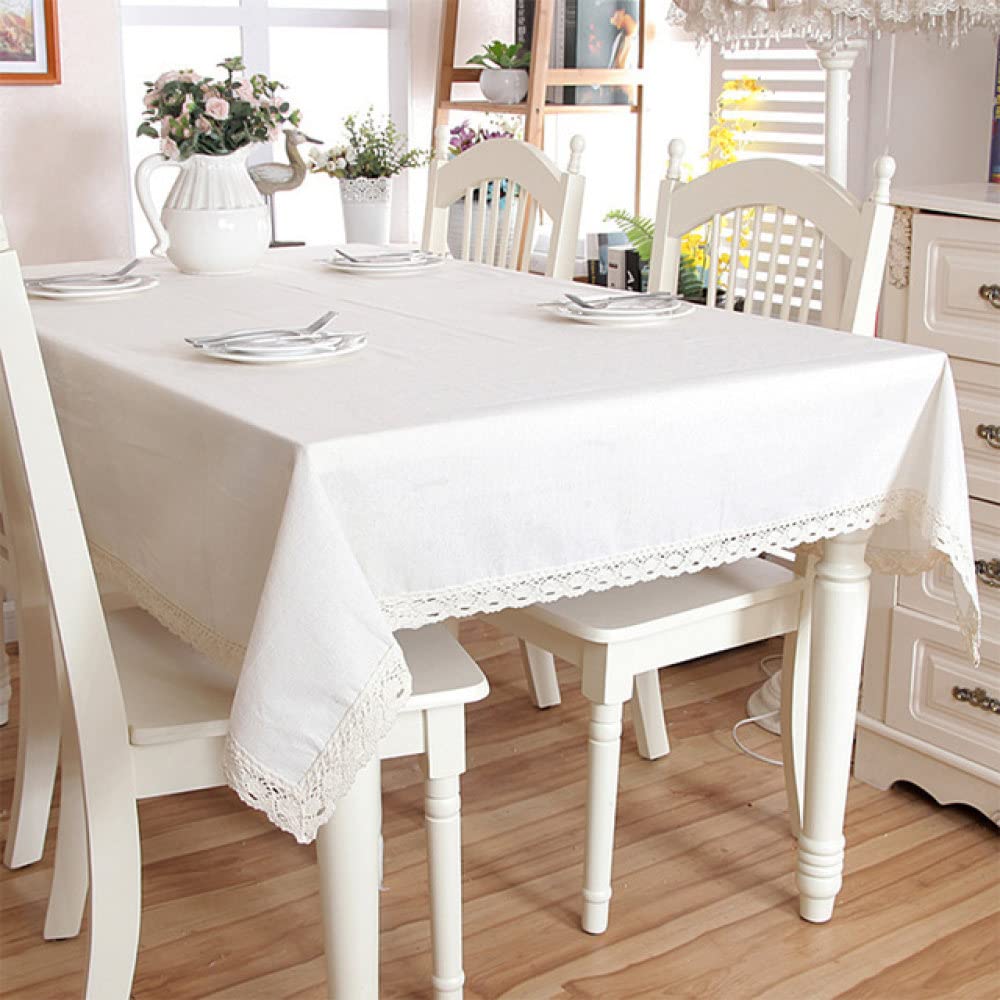 IsolaY Mantel de Lino y poliéster con Borde de Encaje, Mantel Rectangular con borlas para Cocina, Comedor, Mesa, decoración del hogar, con Cordones Blancos, 140x140cm