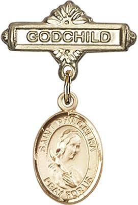 14kt Yellow Gold Baby Badge with St. Philomena Charm and Godchild Badge Pin 1 X 5/8 inches