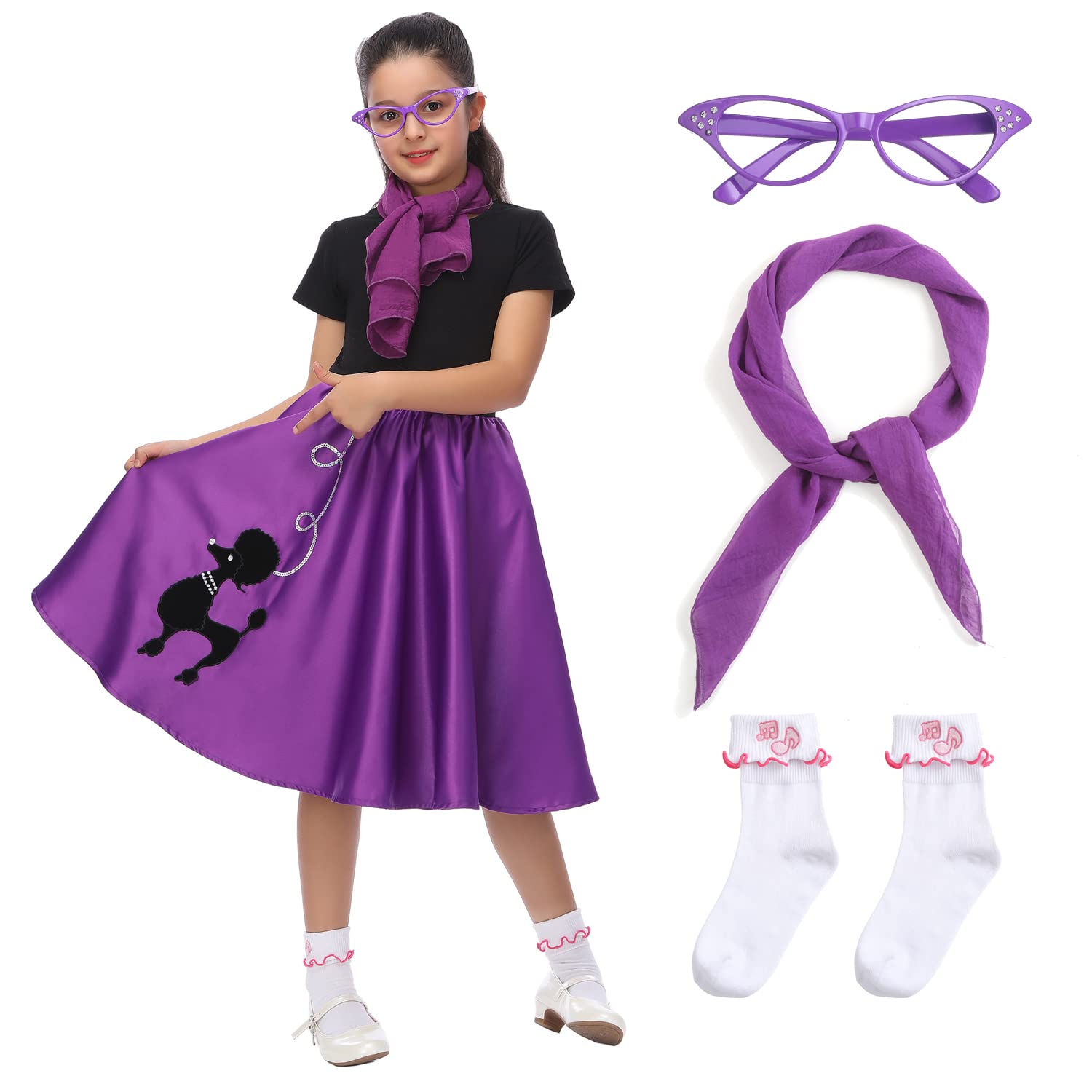 Leadtex 50s Poodle Skirt Sock Hop Costume Accessory Set for Girls with Scarf,Glasses,Socks.