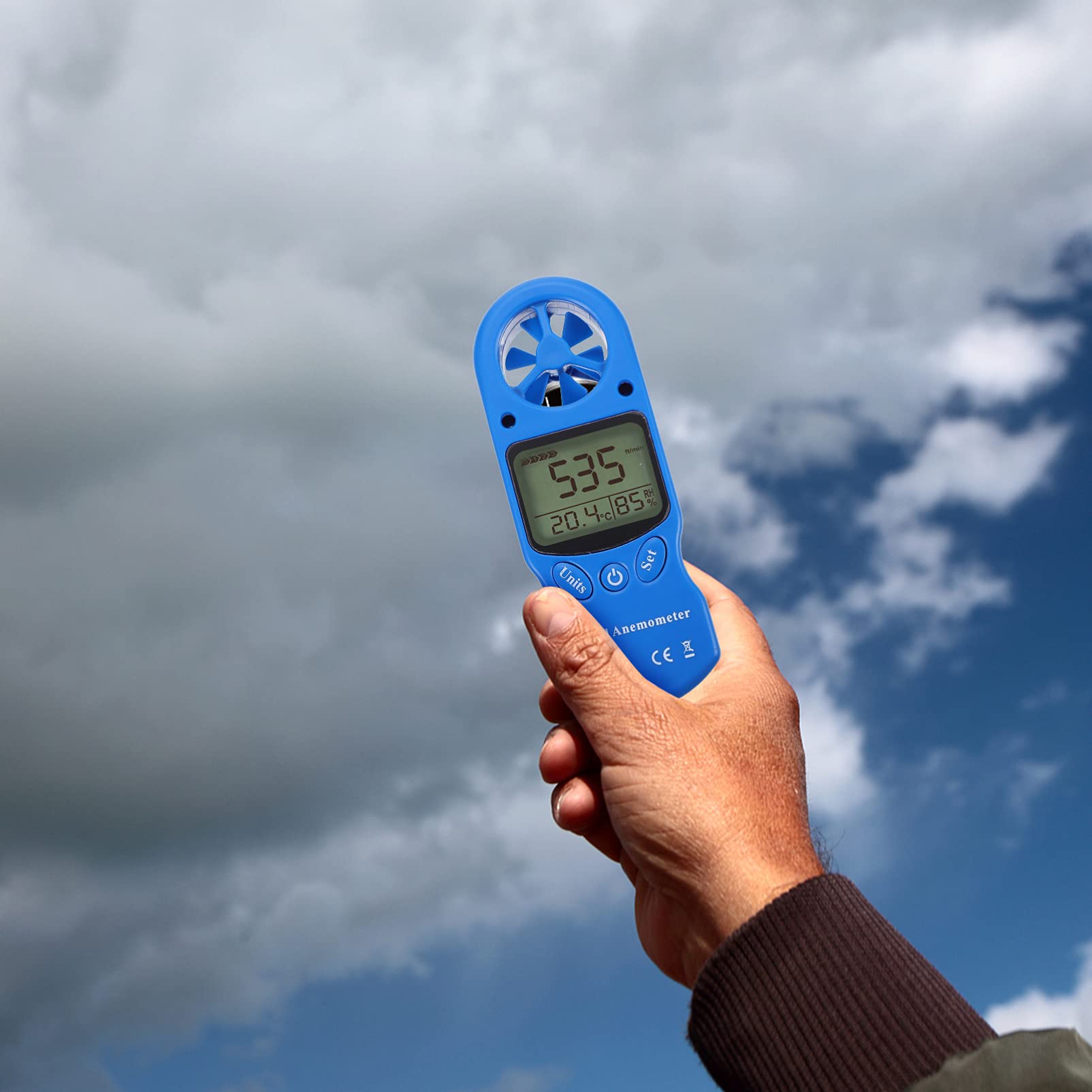 Termoigrometro Digitale Portatile Mini 1 Pezzo Plastica Blu | Misura Velocità Aria e Umidità, Schermo Lcd con Retroilluminazione, Borsa Inclusa
