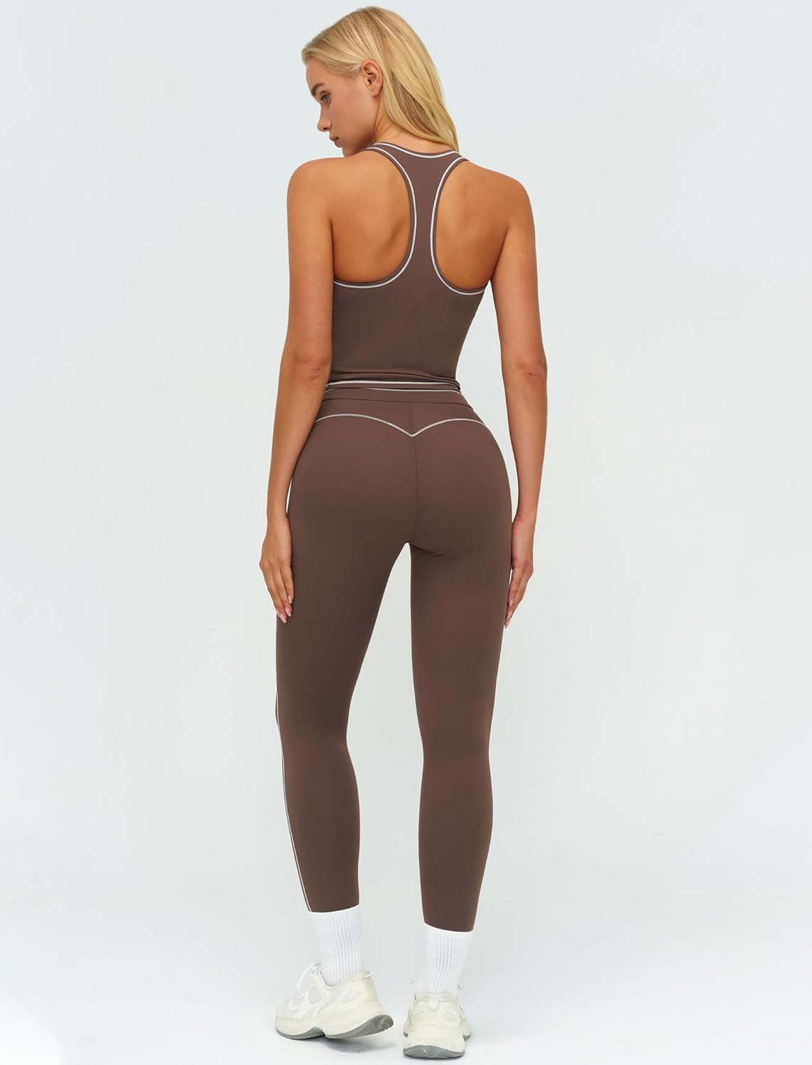 Women 2 Piece Workout Sets Racerback Color Block Tank Top High Waist Tummy Control Active Leggings Pilates Outfits - Image 3