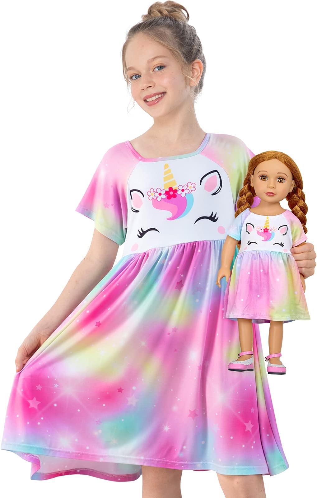 Doll and Girl Matching Nightgown Unicorn Outfit Pajamas Night Dress for Girls and 18" Dolls Clothes