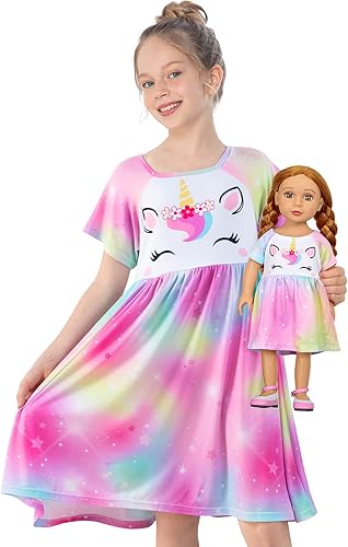 Play Tailor Camisón a juego para muñeca y niña, pijama de unicornio, vestido de noche para niñas y muñecas de 18 pulgadas