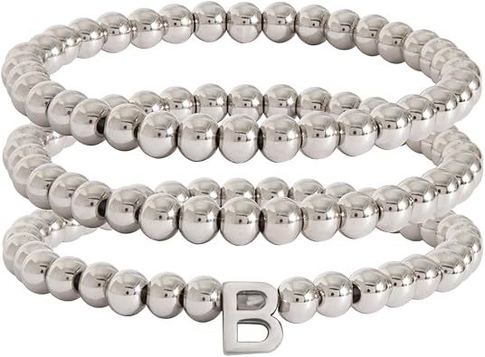 Silver Initial Cute A-Z Stretch Bead Stackable Bracelet with Letter Jewelry for women