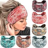 SAWINDA 6 Pack Boho Flower Print Headbands for Women Wide Twist Knotted Head Bands Elastic Non-Slip Hair Bands Vintage Head Wraps Turbans Yoga Workout Hair Accessories